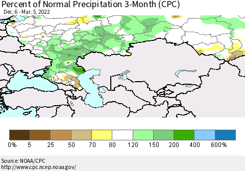 Russian Federation Percent of Normal Precipitation 3-Month (CPC) Thematic Map For 12/6/2021 - 3/5/2022