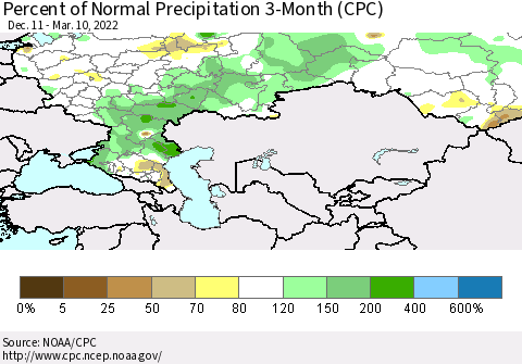 Russian Federation Percent of Normal Precipitation 3-Month (CPC) Thematic Map For 12/11/2021 - 3/10/2022