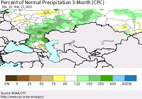 Russian Federation Percent of Normal Precipitation 3-Month (CPC) Thematic Map For 12/16/2021 - 3/15/2022