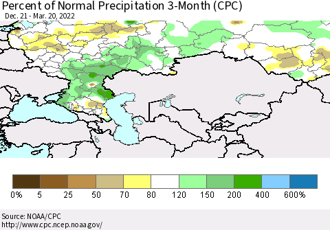 Russian Federation Percent of Normal Precipitation 3-Month (CPC) Thematic Map For 12/21/2021 - 3/20/2022