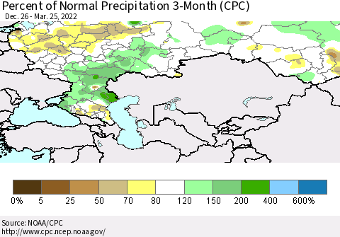 Russian Federation Percent of Normal Precipitation 3-Month (CPC) Thematic Map For 12/26/2021 - 3/25/2022