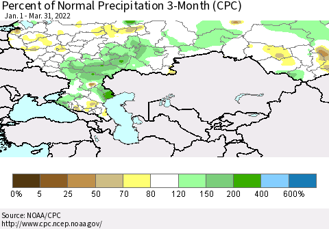 Russian Federation Percent of Normal Precipitation 3-Month (CPC) Thematic Map For 1/1/2022 - 3/31/2022