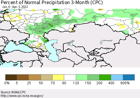 Russian Federation Percent of Normal Precipitation 3-Month (CPC) Thematic Map For 1/6/2022 - 4/5/2022
