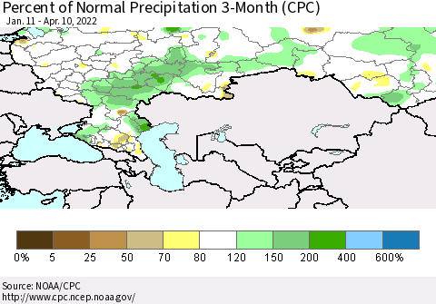 Russian Federation Percent of Normal Precipitation 3-Month (CPC) Thematic Map For 1/11/2022 - 4/10/2022