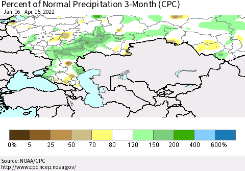 Russian Federation Percent of Normal Precipitation 3-Month (CPC) Thematic Map For 1/16/2022 - 4/15/2022