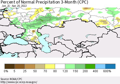 Russian Federation Percent of Normal Precipitation 3-Month (CPC) Thematic Map For 1/21/2022 - 4/20/2022