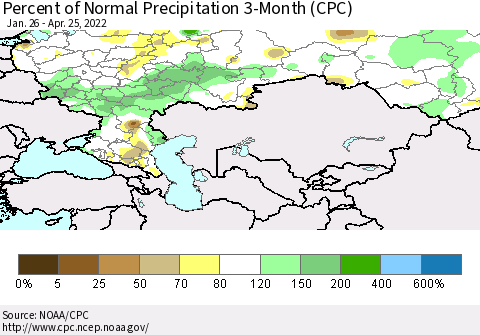 Russian Federation Percent of Normal Precipitation 3-Month (CPC) Thematic Map For 1/26/2022 - 4/25/2022