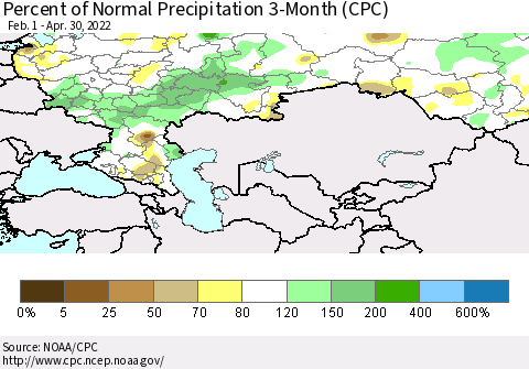 Russian Federation Percent of Normal Precipitation 3-Month (CPC) Thematic Map For 2/1/2022 - 4/30/2022