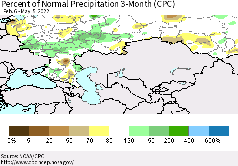 Russian Federation Percent of Normal Precipitation 3-Month (CPC) Thematic Map For 2/6/2022 - 5/5/2022