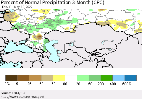 Russian Federation Percent of Normal Precipitation 3-Month (CPC) Thematic Map For 2/11/2022 - 5/10/2022
