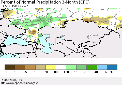 Russian Federation Percent of Normal Precipitation 3-Month (CPC) Thematic Map For 2/16/2022 - 5/15/2022