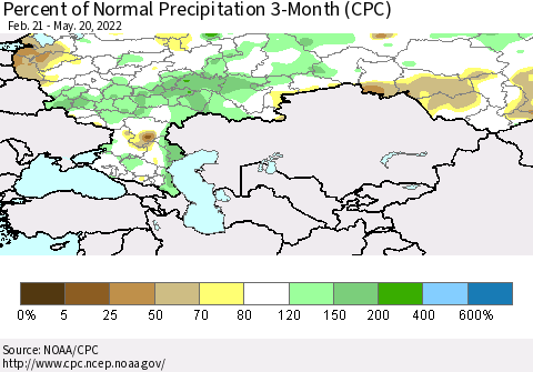 Russian Federation Percent of Normal Precipitation 3-Month (CPC) Thematic Map For 2/21/2022 - 5/20/2022