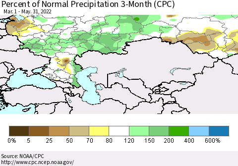 Russian Federation Percent of Normal Precipitation 3-Month (CPC) Thematic Map For 3/1/2022 - 5/31/2022