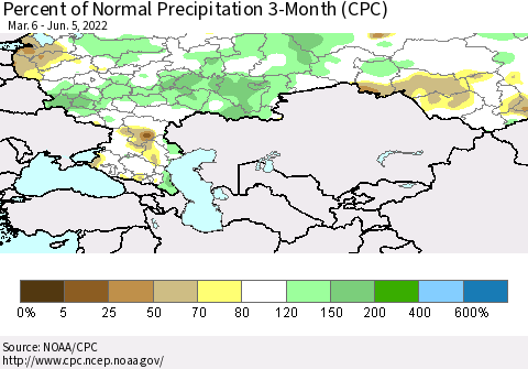 Russian Federation Percent of Normal Precipitation 3-Month (CPC) Thematic Map For 3/6/2022 - 6/5/2022