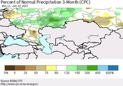 Russian Federation Percent of Normal Precipitation 3-Month (CPC) Thematic Map For 3/11/2022 - 6/10/2022