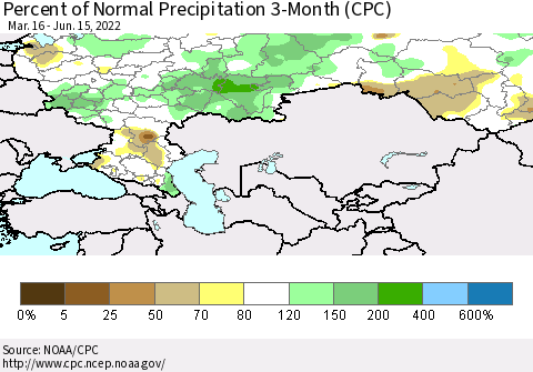 Russian Federation Percent of Normal Precipitation 3-Month (CPC) Thematic Map For 3/16/2022 - 6/15/2022
