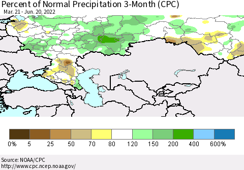 Russian Federation Percent of Normal Precipitation 3-Month (CPC) Thematic Map For 3/21/2022 - 6/20/2022
