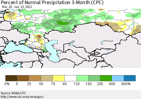 Russian Federation Percent of Normal Precipitation 3-Month (CPC) Thematic Map For 3/26/2022 - 6/25/2022