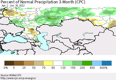 Russian Federation Percent of Normal Precipitation 3-Month (CPC) Thematic Map For 4/1/2022 - 6/30/2022