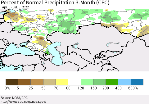 Russian Federation Percent of Normal Precipitation 3-Month (CPC) Thematic Map For 4/6/2022 - 7/5/2022