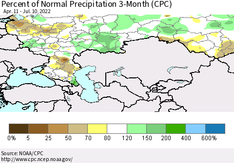 Russian Federation Percent of Normal Precipitation 3-Month (CPC) Thematic Map For 4/11/2022 - 7/10/2022