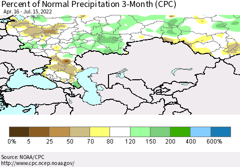 Russian Federation Percent of Normal Precipitation 3-Month (CPC) Thematic Map For 4/16/2022 - 7/15/2022