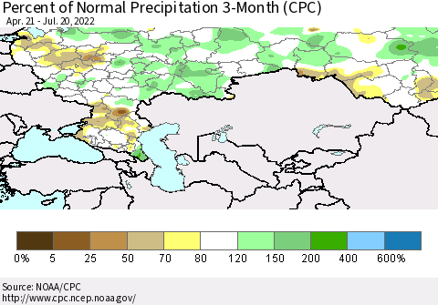 Russian Federation Percent of Normal Precipitation 3-Month (CPC) Thematic Map For 4/21/2022 - 7/20/2022