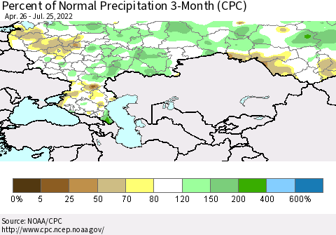 Russian Federation Percent of Normal Precipitation 3-Month (CPC) Thematic Map For 4/26/2022 - 7/25/2022