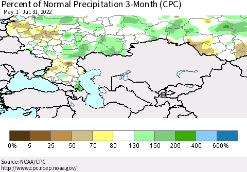Russian Federation Percent of Normal Precipitation 3-Month (CPC) Thematic Map For 5/1/2022 - 7/31/2022