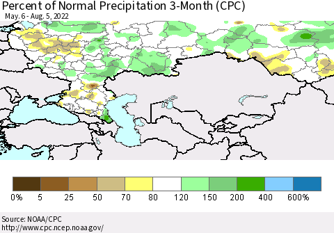 Russian Federation Percent of Normal Precipitation 3-Month (CPC) Thematic Map For 5/6/2022 - 8/5/2022