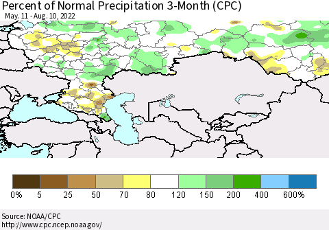 Russian Federation Percent of Normal Precipitation 3-Month (CPC) Thematic Map For 5/11/2022 - 8/10/2022