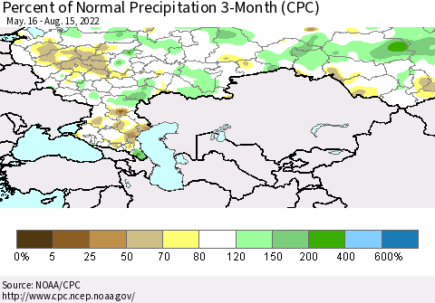 Russian Federation Percent of Normal Precipitation 3-Month (CPC) Thematic Map For 5/16/2022 - 8/15/2022