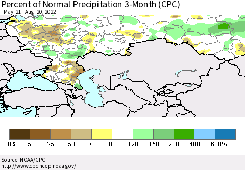 Russian Federation Percent of Normal Precipitation 3-Month (CPC) Thematic Map For 5/21/2022 - 8/20/2022