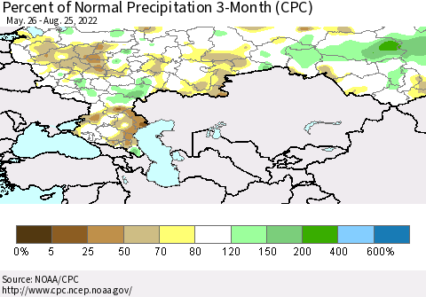 Russian Federation Percent of Normal Precipitation 3-Month (CPC) Thematic Map For 5/26/2022 - 8/25/2022