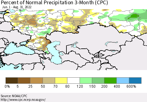 Russian Federation Percent of Normal Precipitation 3-Month (CPC) Thematic Map For 6/1/2022 - 8/31/2022