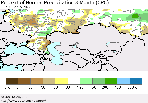 Russian Federation Percent of Normal Precipitation 3-Month (CPC) Thematic Map For 6/6/2022 - 9/5/2022