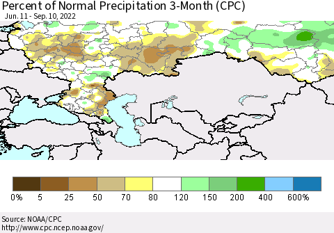 Russian Federation Percent of Normal Precipitation 3-Month (CPC) Thematic Map For 6/11/2022 - 9/10/2022