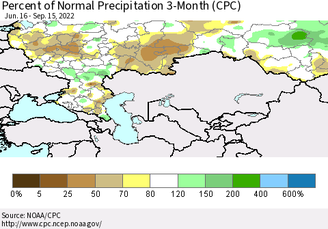 Russian Federation Percent of Normal Precipitation 3-Month (CPC) Thematic Map For 6/16/2022 - 9/15/2022
