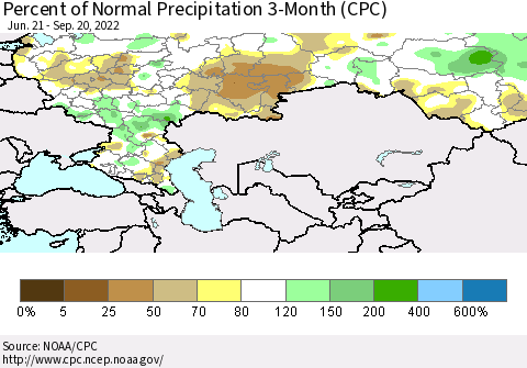 Russian Federation Percent of Normal Precipitation 3-Month (CPC) Thematic Map For 6/21/2022 - 9/20/2022