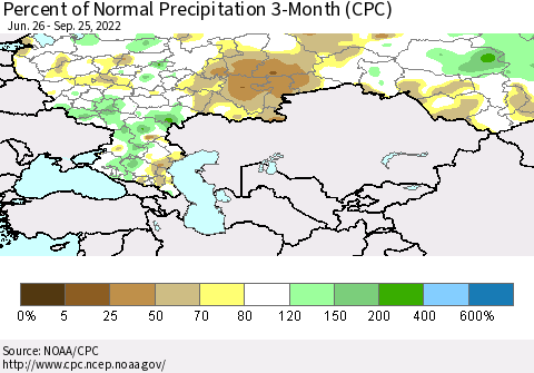 Russian Federation Percent of Normal Precipitation 3-Month (CPC) Thematic Map For 6/26/2022 - 9/25/2022