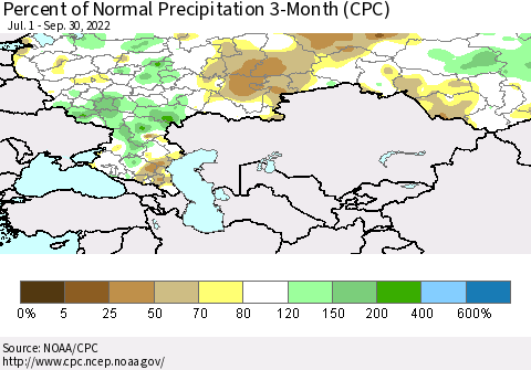Russian Federation Percent of Normal Precipitation 3-Month (CPC) Thematic Map For 7/1/2022 - 9/30/2022