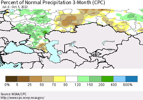 Russian Federation Percent of Normal Precipitation 3-Month (CPC) Thematic Map For 7/6/2022 - 10/5/2022