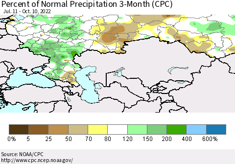 Russian Federation Percent of Normal Precipitation 3-Month (CPC) Thematic Map For 7/11/2022 - 10/10/2022