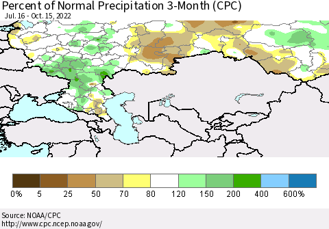 Russian Federation Percent of Normal Precipitation 3-Month (CPC) Thematic Map For 7/16/2022 - 10/15/2022