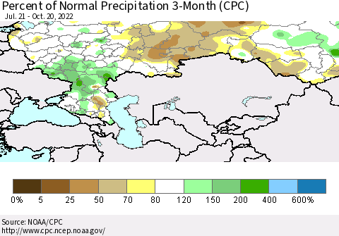 Russian Federation Percent of Normal Precipitation 3-Month (CPC) Thematic Map For 7/21/2022 - 10/20/2022