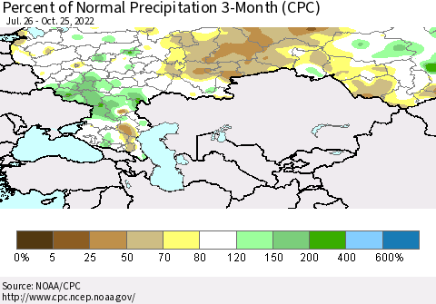 Russian Federation Percent of Normal Precipitation 3-Month (CPC) Thematic Map For 7/26/2022 - 10/25/2022