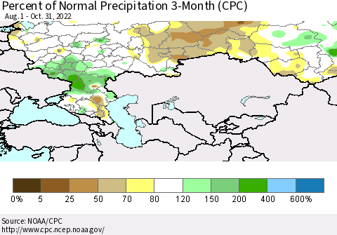 Russian Federation Percent of Normal Precipitation 3-Month (CPC) Thematic Map For 8/1/2022 - 10/31/2022