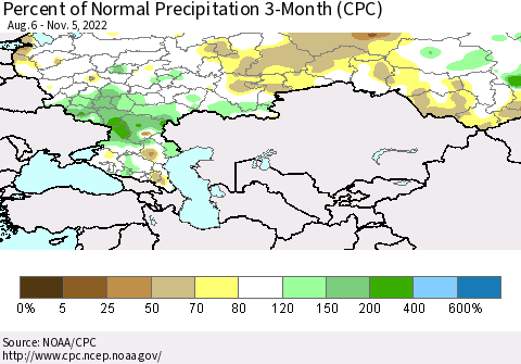 Russian Federation Percent of Normal Precipitation 3-Month (CPC) Thematic Map For 8/6/2022 - 11/5/2022