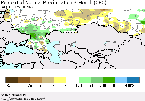 Russian Federation Percent of Normal Precipitation 3-Month (CPC) Thematic Map For 8/11/2022 - 11/10/2022