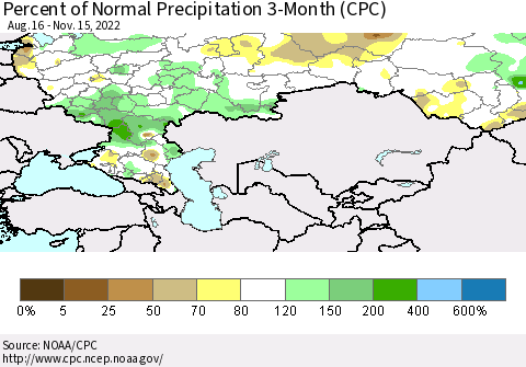 Russian Federation Percent of Normal Precipitation 3-Month (CPC) Thematic Map For 8/16/2022 - 11/15/2022